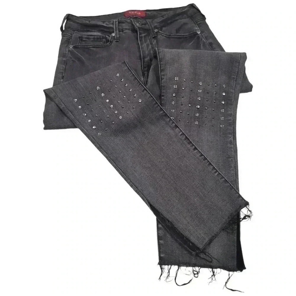 Guess Jeans Grey Black Acid Wash Gem Split Ankle Raw Distressed Hem Skinny Jeans - Picture 7 of 11